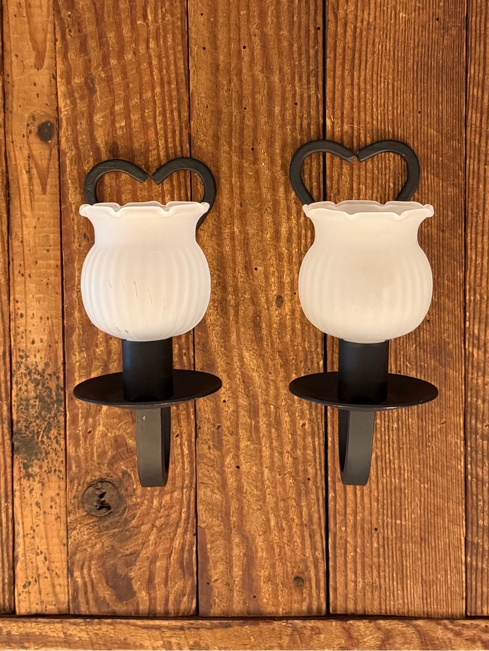 BOHO White Glass Tulip Wall Sconce Pair - Rustic Black Metal Heart